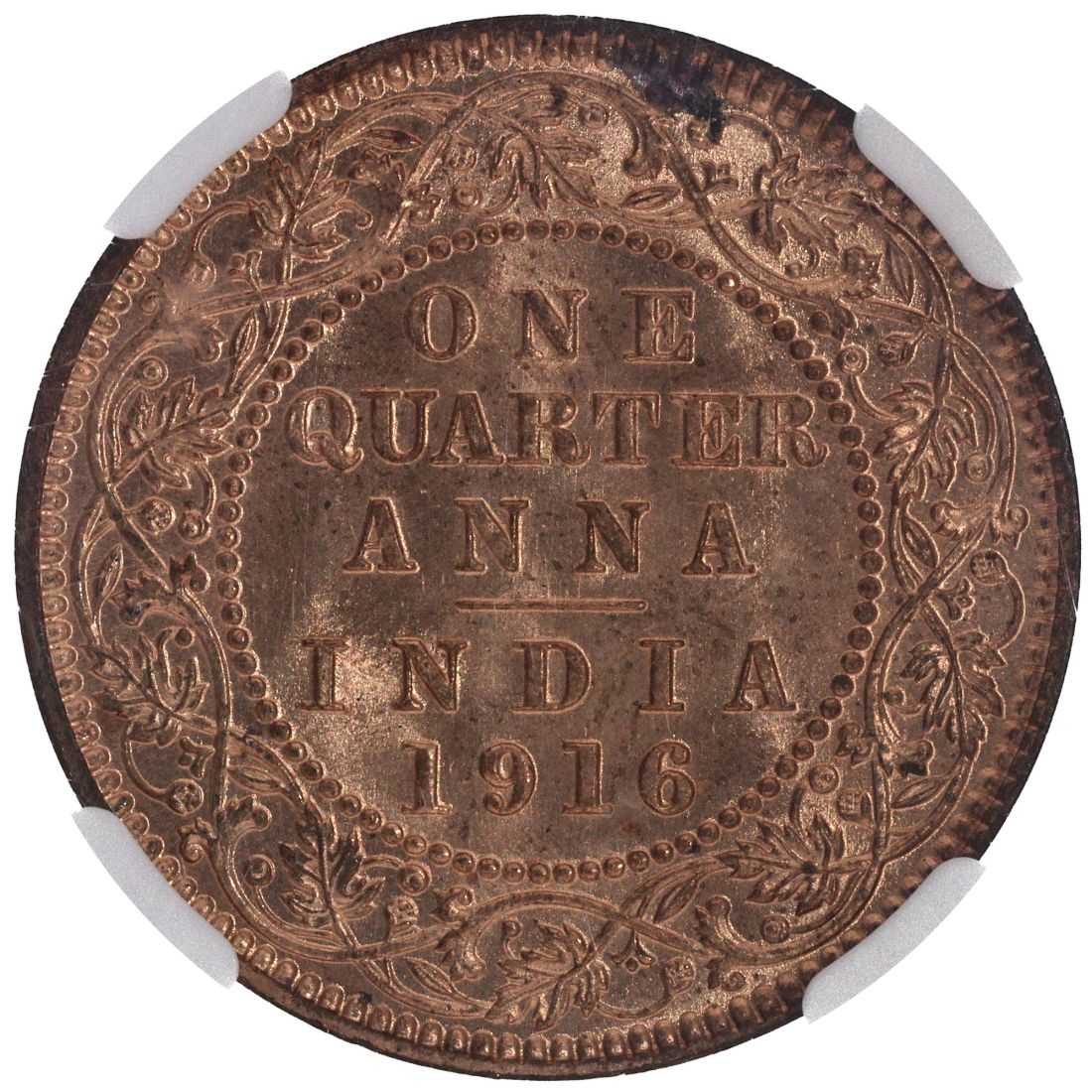 Very Rare NGC MS 64 RD Graded Bronze One Quarter Anna Coin of King