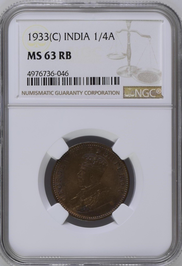 NGC MS 63 RB graded Bronze One Quarter Anna Coin of King George V