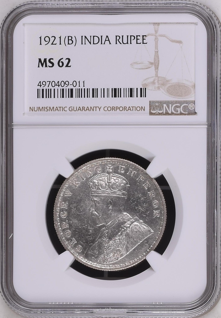 NGC MS 62 graded Silver One Rupee Coin of King George V of Bombay