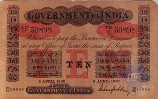 Uniface Ten Rupees Note of King George V Signed by M.M.S.Gubbay of 1920.