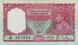 Two Rupees Bank Note of King George VI Signed by J B Taylor of Burma Issue.