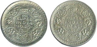 Silver Quarter Rupee Coins of King George VI of 1945.