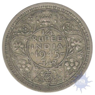 Silver Quarter Rupee of King George VI of Bombay Mint of 1945.