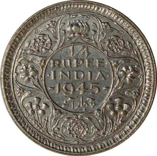 Silver Quarter Rupee Coin of King George VI of Bombay Mint of 1945.