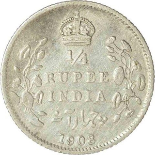 Silver Quarter Rupee Coin of King Edward VII of Calcutta Mint of 1908.