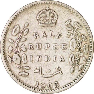 Silver Half Rupee Coin of King Edward VII of Calcutta Mint of 1905.