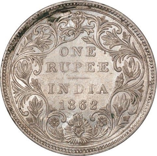 Silver One Rupee Coin of Victoria Queen of Bombay Mint of 1862.