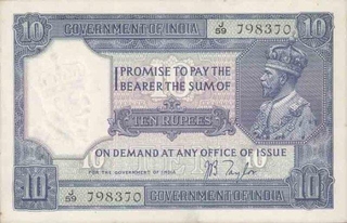 Rare Ten Rupee Bank Note of King George V of  signed by J  B Taylor of 1926.