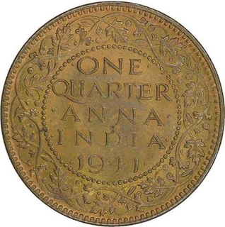 Bronze One Quarter Anna Coin of King George VI of  Calcutta Mint of 1941.