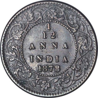 Copper One Twelfth Anna Coin of Victoria Empress of Calcutta Mint of 1878.