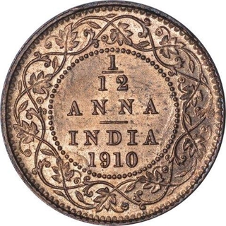 Bronze One Twelfth Anna Coin of King Edward VII of Calcutta Mint of 1910.