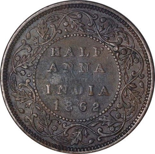 Copper Half Anna Coin of Victoria Queen of Bombay Mint of 1862.