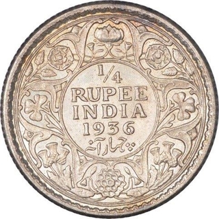 Silver Quarter Rupee Coin of King George V of Calcutta Mint of 1936.