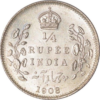 Silver Quarter Rupee Coin  of King Edward VII of Calcutta Mint of 1908.