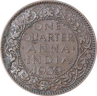 Rare Bronze Quarter Anna Coin of King George VI of Calcutta of 1939.