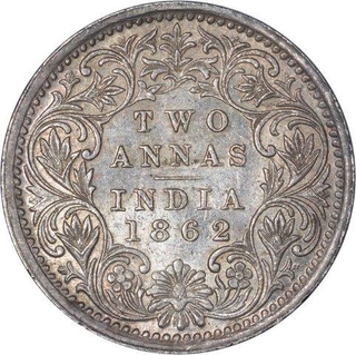 Silver Two Annas Coin of Victoria Queen of Bombay Mint of 1862.