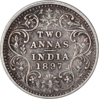 Silver Two Annas Coin of Victoria Empress of Bombay Mint of 1897.