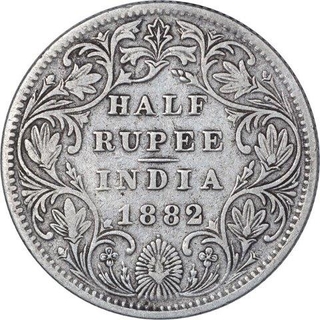 Silver Half Rupee Coin of Victoria Empress of Bombay Mint of 1882.