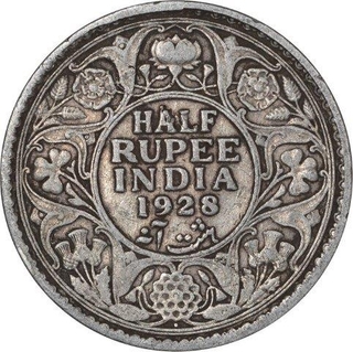 Silver Half Rupee Coin of King George V of Bombay Mint of 1928.