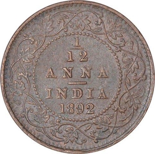 Copper One Twelfth Anna Coin of Victoria Empress of Calcutta Mint of 1892.