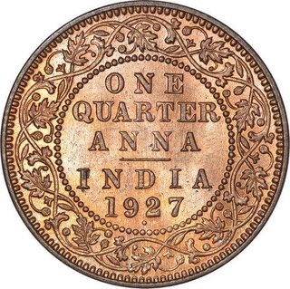 Bronze One Quarter Anna Coin of King George V of Bombay Mint of 1927.