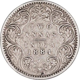 Silver Two Annas Coin of Victoria Empress of Bombay Mint of 1884.