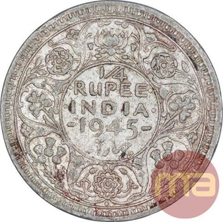 Silver Quarter Rupee Coin of King George VI of Bombay Mint of 1945.