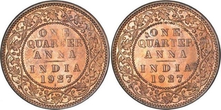 Bronze One Quarter Anna Coins of King George V of Calcutta Mint of 1927.