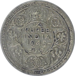 Silver Quarter Rupee Coin of King George VI of Bombay Mint of 1945.