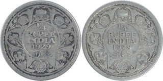 Silver One Quarter Rupee Coins of King George V of Calcutta Mint of 1929.