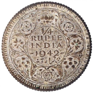 Silver Quarter Rupee Coin of King George VI of Calcutta Mint of 1942.