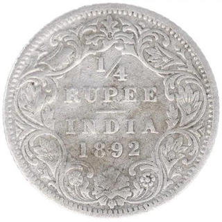 Silver One Quarter Rupee Coin of Victoria Empress of Bombay Mint of 1892.