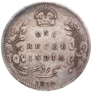 Silver One Rupee Coin of King Edward VII of Bombay Mint of 1910.