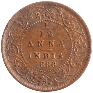 Copper One Twelfth Anna Coin of Victoria Empress of Calcutta Mint of 1886.