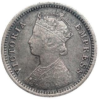 Silver Quarter Rupee Coin of Victoria Empress of Bombay Mint of 1877.