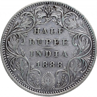 Silver Half Rupee Coin of Victoria Empress of Bombay Mint of 1888.