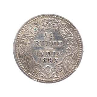 Silver Quarter Rupee Coin of Victoria Empress of Calcutta Mint of 1893.