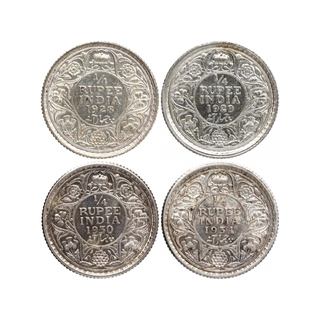 Silver Quarter Rupee Coins of King George V of Calcutta and Bombay Mint of 1928, 1929, 1930 and 1934.