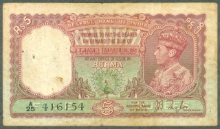 Five Rupees Note of King George VI Signed by J B Taylor of Burma Issue.