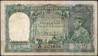 Ten Rupees Bank Note of King George VI Signed by J.B. Taylor of Burma Issue.