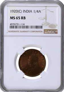 NGC MS 65 RB Graded Bronze One Quarter Anna Coin of King George V of Calcutta Mint of 1920.