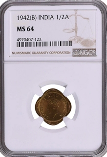 NGC MS 64 Graded Nickel Brass Half Anna Coin of King George VI of Bombay Mint of 1942.