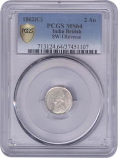 PCGS MS 64 Graded Silver Two Annas Coin of Victoria Queen of Calcutta Mint of 1862.