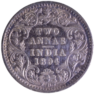 B incused Silver Two Annas Coin of Victoria Empress of Bombay Mint of 1894 with Multi-Colour Toning.