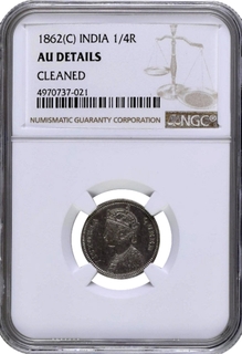 NGC Graded Silver Quarter Rupee Coin of Victoria Queen of Calcutta Mint of 1862.