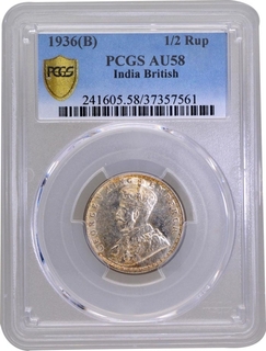 PCGS AU 58 Graded Silver Half Rupee Coin of King George V of Bombay Mint of 1936.