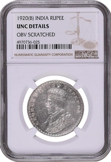 NGC Graded Silver One Rupee Coin of King George V of Bombay Mint of 1920.