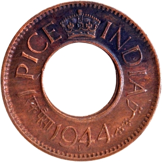 Rare Bronze One Pice Coin of King George VI of Lahore Mint of 1944 with Toning.