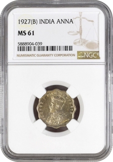 NGC MS 61 Graded Cupro Nickel One Anna Coin of King George V of Bombay Mint of 1927.