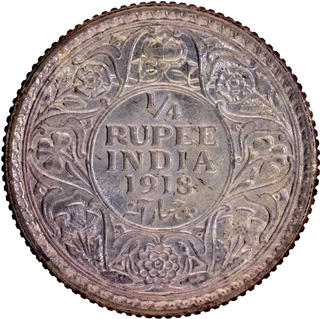 Gem Uncirculated Silver Quarter Rupee Coin of King George V of Calcutta Mint of 1918 with Toning.